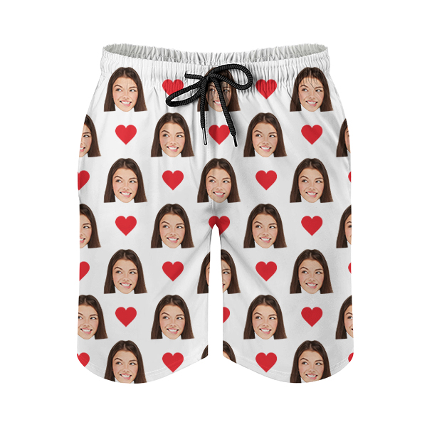 Custom Red Heart Mens‘ Shorts Personalized Photo Hawaiian Beach Shorts Gift For Him For Husband-mekesllser-Swimwear,Mekesllser,Red Heart,Summer Sale,Swimwear For Men,For Men,Hawaiian Shorts