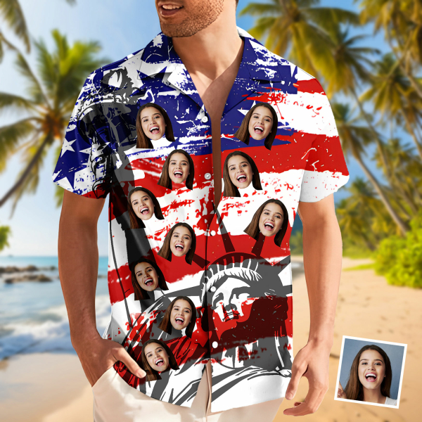 Custom American Flag Status Of Liberty Hawaiian Shirt With Face Holiday Beach Shirt The Independence Day Beach Shirt Holiday Gift For Men, For Husband-mekesllser-Swimwear,Mekesllser,American Flag,Summer Sale,Swimwear For Men,For Men,Hawaiian Shirt,Men's Hawaiian Shirt,Independence Day