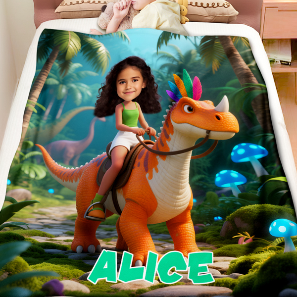 Custom Orange Dinosaur Riding Blankets Personalized Face & Name Hero Blanket Gifts For Girls-mekesllser-Mekesllser,For Kids,Home&Living,Blanket,For Girls,Dinosaur,Kid's Animal Theme,Blanket for Girls