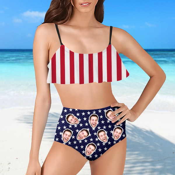 Mekesllser Custom American Flag Bathing Bikini Suits Women's Ruffle Summer Suits High Waisted Two Pieces Bathing Suits Gift For Her