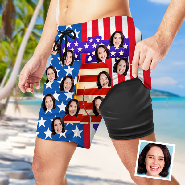 Custom American Flag Liberty Bell Men’s Beach Shorts Personalized Photo Independence Day Sports Shorts Gift For Him For Husband-mekesllser-Swimwear,Mekesllser,American Flag,Summer Sale,Beach Shorts,Swimwear For Men,For Men