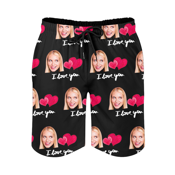Custom Sweet Heart Mens‘ Shorts Personalized Photo Hawaiian Love Beach Shorts Gift For Him For Husband-mekesllser-Swimwear,Mekesllser,Red Heart,Summer Sale,Swimwear For Men,For Men,Hawaiian Shorts