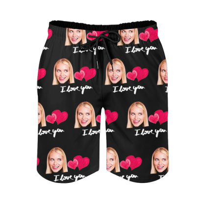 Custom Sweet Heart Mens‘ Shorts Personalized Photo Hawaiian Love Beach Shorts Gift For Him For Husband-mekesllser-Swimwear,Mekesllser,Red Heart,Summer Sale,Swimwear For Men,For Men,Hawaiian Shorts