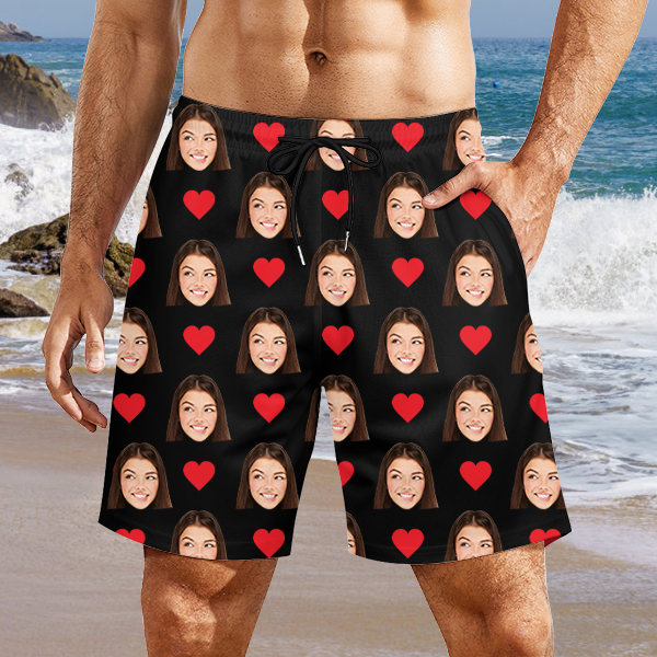 Custom Red Heart Mens‘ Shorts Personalized Photo Hawaiian Beach Shorts Gift For Him For Husband-mekesllser-Swimwear,Mekesllser,Red Heart,Summer Sale,Swimwear For Men,For Men,Hawaiian Shorts