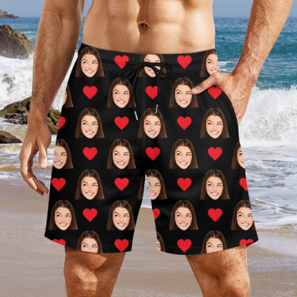 Custom Red Heart Mens‘ Shorts Personalized Photo Hawaiian Beach Shorts Gift For Him For Husband-mekesllser-Swimwear,Mekesllser,Red Heart,Summer Sale,Swimwear For Men,For Men,Hawaiian Shorts