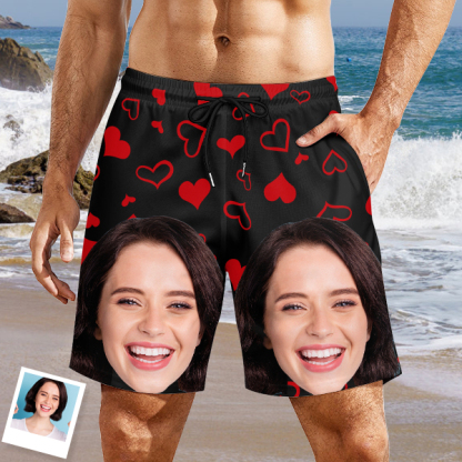 Custom Sweet Red Heart Mens‘ Shorts Personalized Photo Hawaiian Sweet Love Beach Shorts Gift For Him For Husband-mekesllser-Swimwear,Mekesllser,Red Heart,Summer Sale,Swimwear For Men,For Men,Hawaiian Shorts
