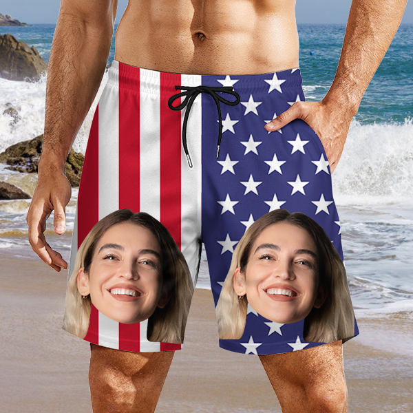 Custom American Flag Mens‘ Shorts Personalized Photo Hawaiian Beach Shorts Gift For Him For Husband-mekesllser-Swimwear,Mekesllser,American Flag,Summer Sale,Swimwear For Men,For Men,Hawaiian Shorts