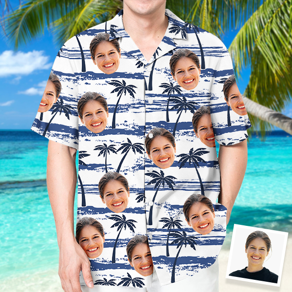 Custom Coconut Palm Hawaiian Shirt With Personalized Face Holiday Beach Shirt  Holiday Gift For Men, For Husband-mekesllser-Swimwear,Mekesllser,Summer Sale,Swimwear For Men,For Men,Hawaiian,Hawaiian Shirt,Men's Hawaiian Shirt