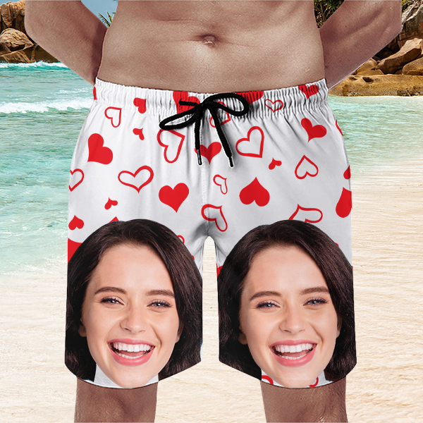 Custom Sweet Red Heart Mens‘ Shorts Personalized Photo Hawaiian Sweet Love Beach Shorts Gift For Him For Husband-mekesllser-Swimwear,Mekesllser,Red Heart,Summer Sale,Swimwear For Men,For Men,Hawaiian Shorts