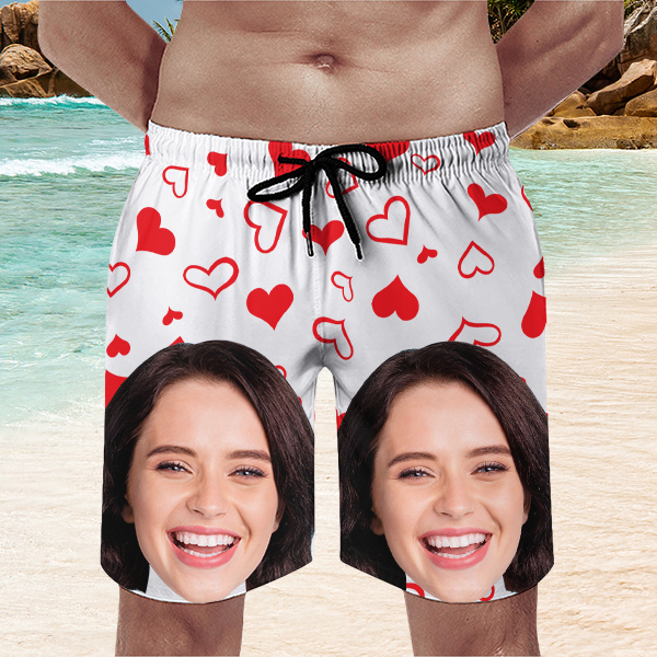 Custom Sweet Red Heart Mens‘ Shorts Personalized Photo Hawaiian Sweet Love Beach Shorts Gift For Him For Husband-mekesllser-Swimwear,Mekesllser,Red Heart,Summer Sale,Swimwear For Men,For Men,Hawaiian Shorts