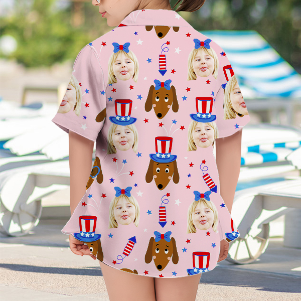 Custom American Flag Puppy Short Sleeve Shirt Face Hawaiian Independence Day Shirt  Beach Gift For Kids-mekesllser-Swimwear,Mekesllser,American Flag,Summer Sale,Hawaiian Shirt,For Kids,Swimwear For Kids,Kid's Hawaiian Shirt,For Boys,For Girls