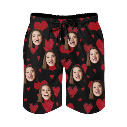 Custom Sweet Heart Mens‘ Shorts Personalized Photo Name Hawaiian Beach Shorts Gift For Him For Husband-mekesllser-Swimwear,Mekesllser,Red Heart,Summer Sale,Swimwear For Men,For Men,Hawaiian Shorts