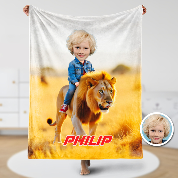 Custom Animal Blankets Personalized Boy Riding Lion Blanket Gift For Boys-mekesllser-Mekesllser,For Kids,IP,Home&Living,Blanket,For Boys,Kid's Animal Theme,Blanket for Boys,Autumn Sale,Children's Daily Style