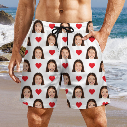 Custom Red Heart Mens‘ Shorts Personalized Photo Hawaiian Beach Shorts Gift For Him For Husband-mekesllser-Swimwear,Mekesllser,Red Heart,Summer Sale,Swimwear For Men,For Men,Hawaiian Shorts