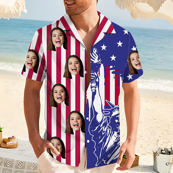 Custom Statue Of Liberty Hawaiian Shirt With Face Holiday American Flag Independence Day Beach Shirt Beach Shirt Holiday Gift For Men-mekesllser-Swimwear,Mekesllser,American Flag,Summer Sale,Swimwear For Men,For Men,Hawaiian Shirt,Men's Hawaiian Shirt,Independence Day