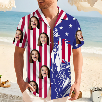 Custom Statue Of Liberty Hawaiian Shirt With Face Holiday American Flag Independence Day Beach Shirt Beach Shirt Holiday Gift For Men-mekesllser-Swimwear,Mekesllser,American Flag,Summer Sale,Swimwear For Men,For Men,Hawaiian Shirt,Men's Hawaiian Shirt,Independence Day