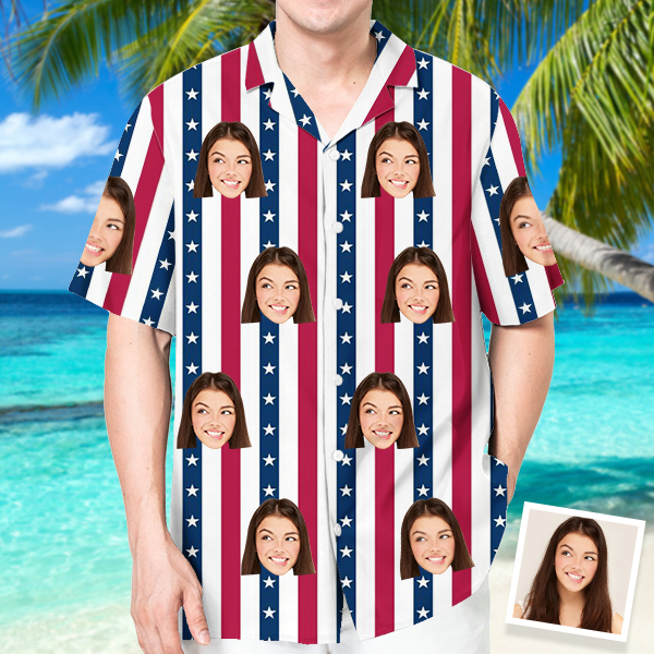 Custom American Flag Hawaiian Shirt With Face Holiday Beach Shirt Independence Day Shirt Holiday Gift For Men-mekesllser-Swimwear,Mekesllser,American Flag,Summer Sale,Swimwear For Men,For Men,Hawaiian Shirt,Men's Hawaiian Shirt