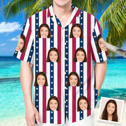 Custom American Flag Hawaiian Shirt With Face Holiday Beach Shirt Independence Day Shirt Holiday Gift For Men-mekesllser-Swimwear,Mekesllser,American Flag,Summer Sale,Swimwear For Men,For Men,Hawaiian Shirt,Men's Hawaiian Shirt