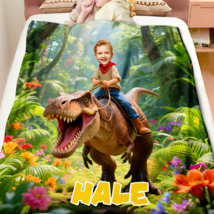 Custom Rainforest Dinosaur Blankets Personalized Boy Riding Dinosaur Blanket Gift For Boys-mekesllser-dinosaur blanket,Mekesllser,For Kids,IP,Home&Living,Blanket,For Boys,Dinosaur,Kid's Animal Theme,Blanket for Boys,Autumn Sale,Children's Daily Style