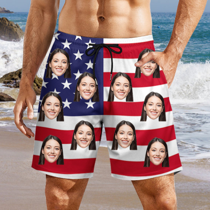 Custom American Flag Beach Shorts Personalized Photo Hawaiian Shorts Gift For Him For Husband-mekesllser-Swimwear,Mekesllser,American Flag,Summer Sale,Swimwear For Men,For Men,Hawaiian Shorts