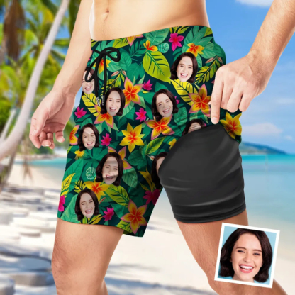 Custom Hawaiian Mens Beach Shorts Personalized Photo Green Flower Hawaiian Sports Shorts Gift For Him For Husband-mekesllser-Swimwear,Mekesllser,Summer Sale,Beach Shorts,Swimwear For Men,For Men,Hawaiian