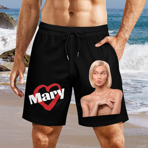 Custom Heart Mens‘ Shorts Personalized Photo Name Hawaiian Beach Shorts Gift For Him For Husband-mekesllser-Swimwear,Mekesllser,Red Heart,Summer Sale,Swimwear For Men,For Men,Hawaiian Shorts