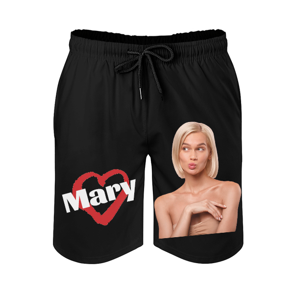 Custom Heart Mens‘ Shorts Personalized Photo Name Hawaiian Beach Shorts Gift For Him For Husband-mekesllser-Swimwear,Mekesllser,Red Heart,Summer Sale,Swimwear For Men,For Men,Hawaiian Shorts