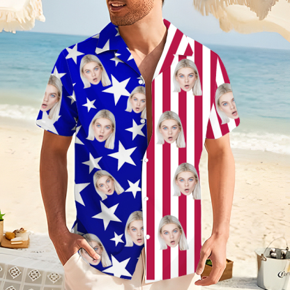 Custom Independence Day Hawaiian Shirt With Face Holiday American Flag Beach Shirt Beach Shirt Holiday Gift For Men-mekesllser-Swimwear,Mekesllser,American Flag,Summer Sale,Swimwear For Men,For Men,Hawaiian Shirt,Men's Hawaiian Shirt