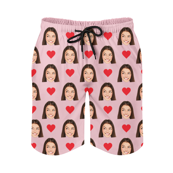 Custom Red Heart Mens‘ Shorts Personalized Photo Hawaiian Beach Shorts Gift For Him For Husband-mekesllser-Swimwear,Mekesllser,Red Heart,Summer Sale,Swimwear For Men,For Men,Hawaiian Shorts