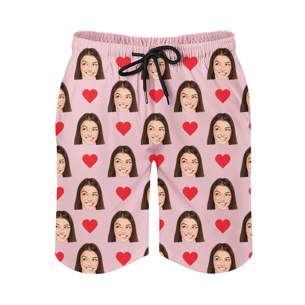 Custom Red Heart Mens‘ Shorts Personalized Photo Hawaiian Beach Shorts Gift For Him For Husband-mekesllser-Swimwear,Mekesllser,Red Heart,Summer Sale,Swimwear For Men,For Men,Hawaiian Shorts