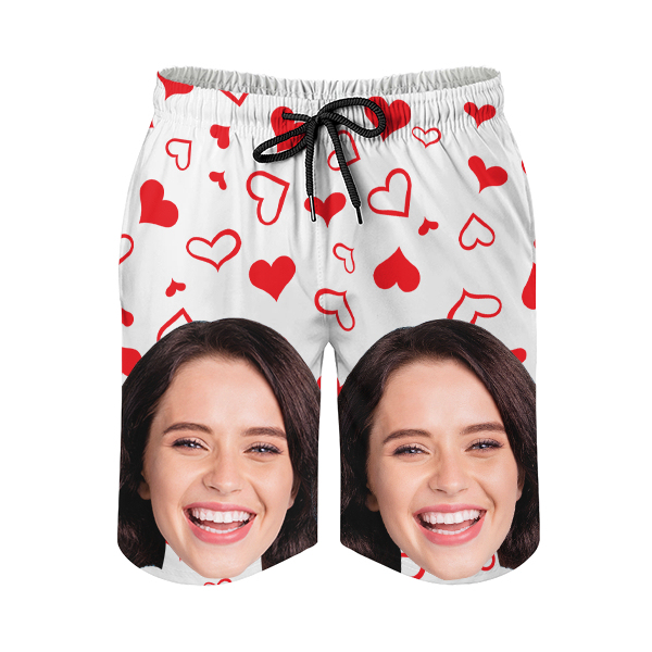 Custom Sweet Red Heart Mens‘ Shorts Personalized Photo Hawaiian Sweet Love Beach Shorts Gift For Him For Husband-mekesllser-Swimwear,Mekesllser,Red Heart,Summer Sale,Swimwear For Men,For Men,Hawaiian Shorts