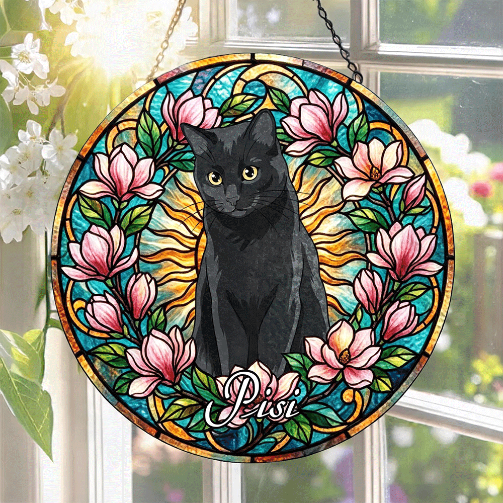  Custom Window Hanging Suncatcher – Custom Photo Keepsake With Stained Glass Design, Charming Home Decor & Gift For Pet Lover, Black Cat