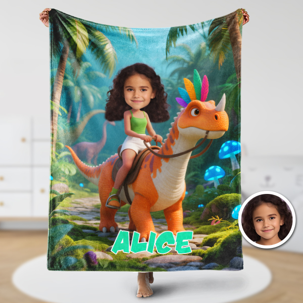 Custom Orange Dinosaur Riding Blankets Personalized Face & Name Hero Blanket Gifts For Girls-mekesllser-Mekesllser,For Kids,Home&Living,Blanket,For Girls,Dinosaur,Kid's Animal Theme,Blanket for Girls