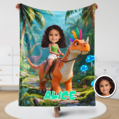 Custom Orange Dinosaur Riding Blankets Personalized Face & Name Hero Blanket Gifts For Girls-mekesllser-Mekesllser,For Kids,Home&Living,Blanket,For Girls,Dinosaur,Kid's Animal Theme,Blanket for Girls