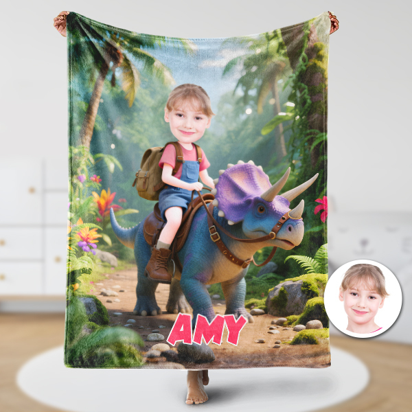 Custom Triceratops Riding Blankets Personalized Face & Name Hero Blanket Gifts For Girls-mekesllser-Mekesllser,For Kids,Home&Living,Blanket,For Girls,Dinosaur,Kid's Animal Theme,Blanket for Girls