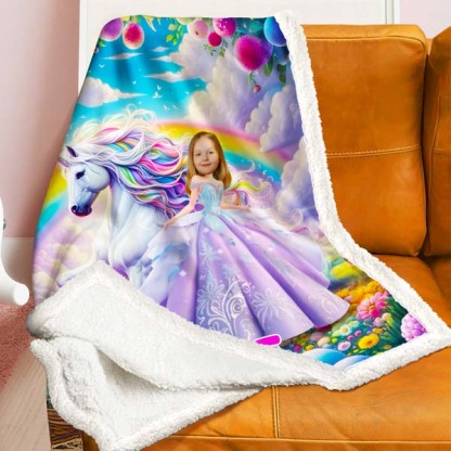Custom Princess With Unicorn Blankets Personalized Face & Name Blanket Gifts For Girls-mekesllser-Mekesllser,For Kids,IP,Home&Living,Blanket,For Girls,Princess,Blanket for Girls,Unicorn