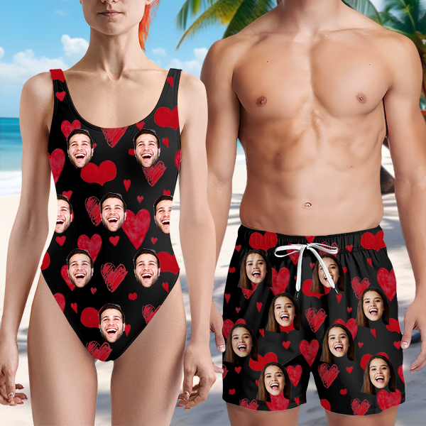 Custom Sweet Heart Mens‘ Shorts Personalized Photo Name Hawaiian Beach Shorts Gift For Him For Husband-mekesllser-Swimwear,Mekesllser,Red Heart,Summer Sale,Swimwear For Men,For Men,Hawaiian Shorts