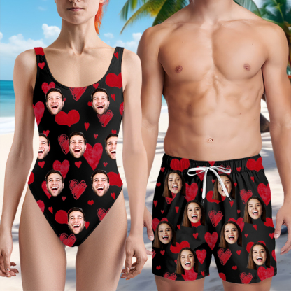 Custom Sweet Heart Mens‘ Shorts Personalized Photo Name Hawaiian Beach Shorts Gift For Him For Husband-mekesllser-Swimwear,Mekesllser,Red Heart,Summer Sale,Swimwear For Men,For Men,Hawaiian Shorts