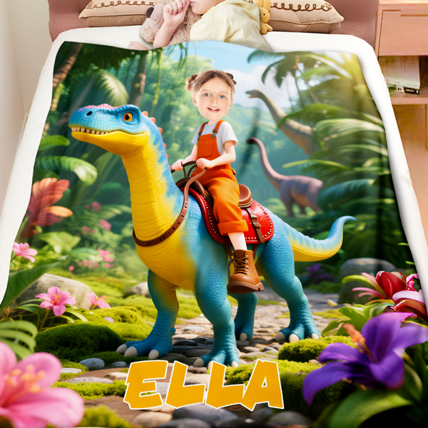 Custom Dinosaur Riding Blankets Female Explorer Personalized Face & Name Hero Blanket Gifts For Girls-mekesllser-Mekesllser,For Kids,Home&Living,Blanket,For Girls,Dinosaur,Kid's Animal Theme,Blanket for Girls