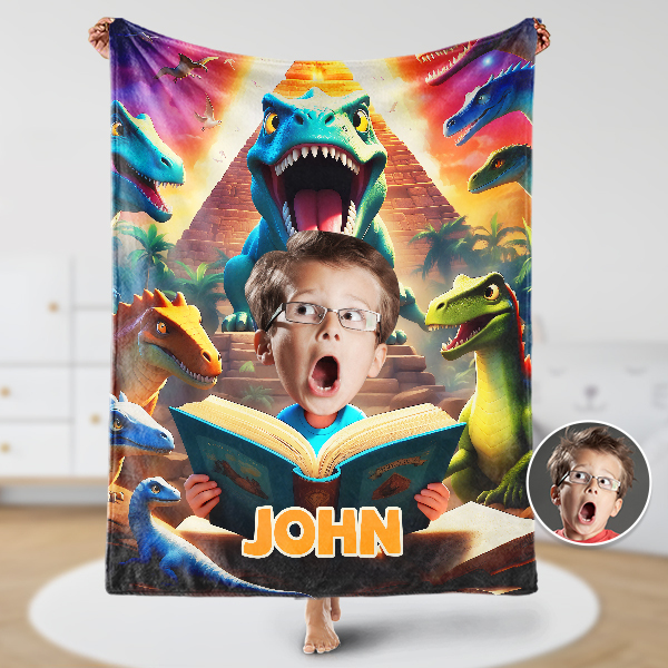 Custom Scared Dinosaur Blankets Personalized Face & Name Funny Blanket Gifts For Boys-mekesllser-dinosaur blanket,Mekesllser,For Kids,Home&Living,Blanket,For Boys,Dinosaur,Blanket for Boys