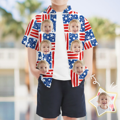 Custom American Flag Short Sleeve Shirt Face Hawaiian Independence Day Shirt  Beach Holiday Gift For Kids-mekesllser-Swimwear,Mekesllser,American Flag,Summer Sale,Hawaiian Shirt,For Kids,Swimwear For Kids,Kid's Hawaiian Shirt,For Boys,For Girls