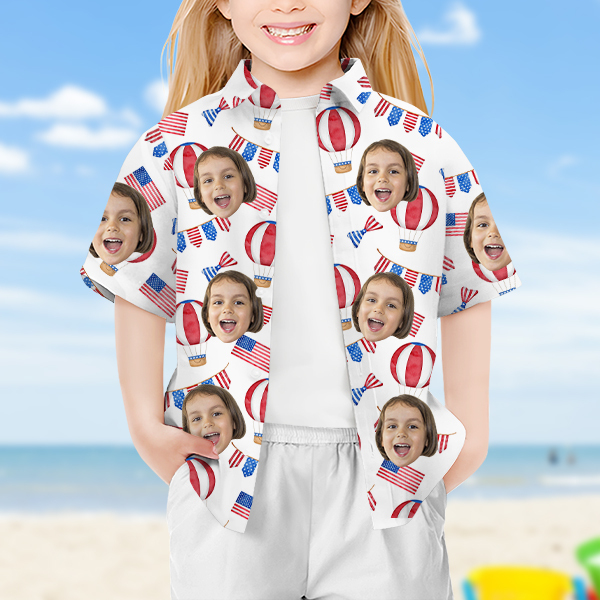 Custom American Flag Balloon Short Sleeve Shirt Face Hawaiian Independence Day Shirt  Beach Holiday Gift For Kids-mekesllser-Swimwear,Mekesllser,American Flag,Summer Sale,Hawaiian Shirt,For Kids,Swimwear For Kids,Kid's Hawaiian Shirt,For Boys,For Girls