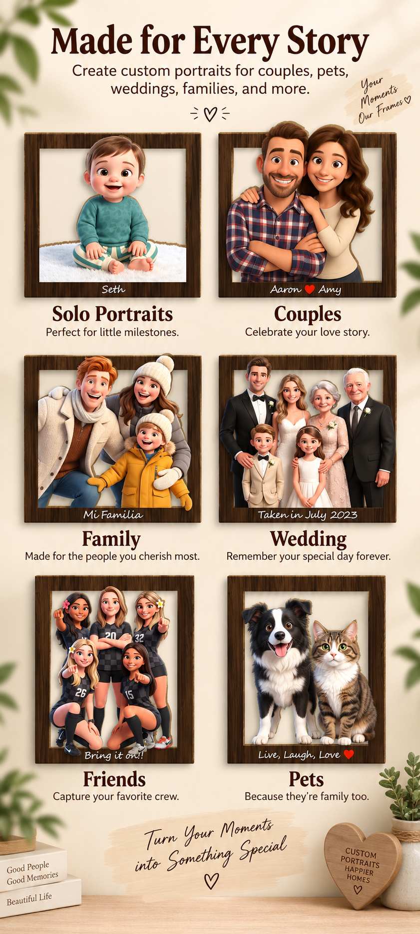 Examples for couples, pets, individuals, weddings, and families