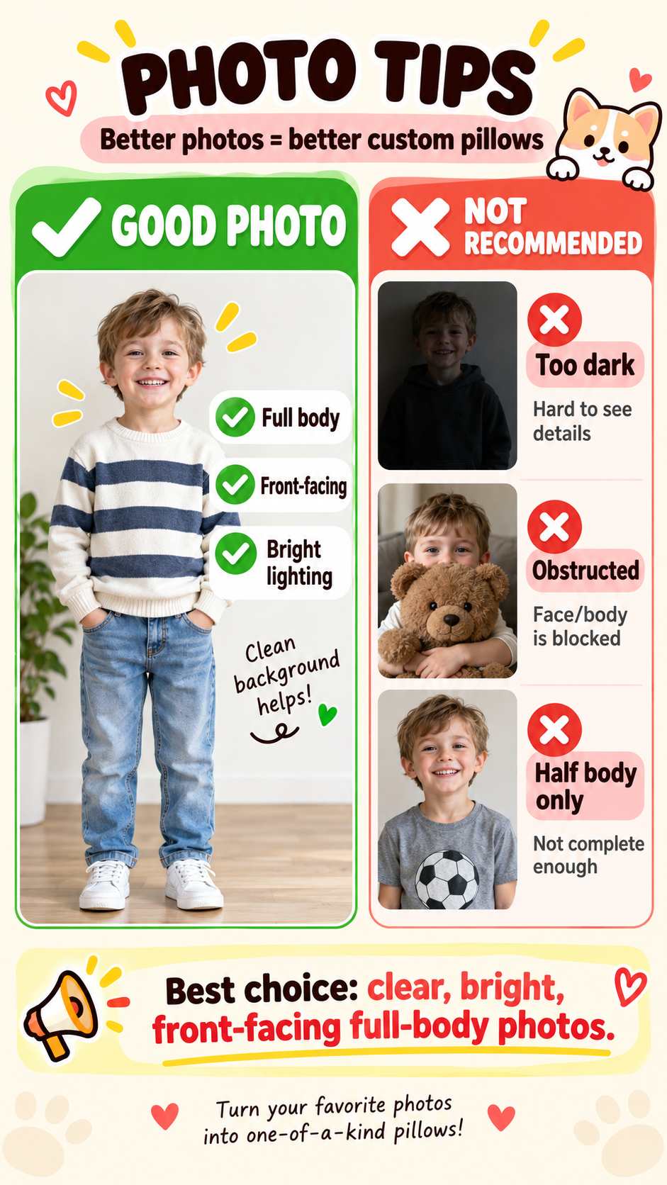 Photo tips: full body, front-facing, bright lighting