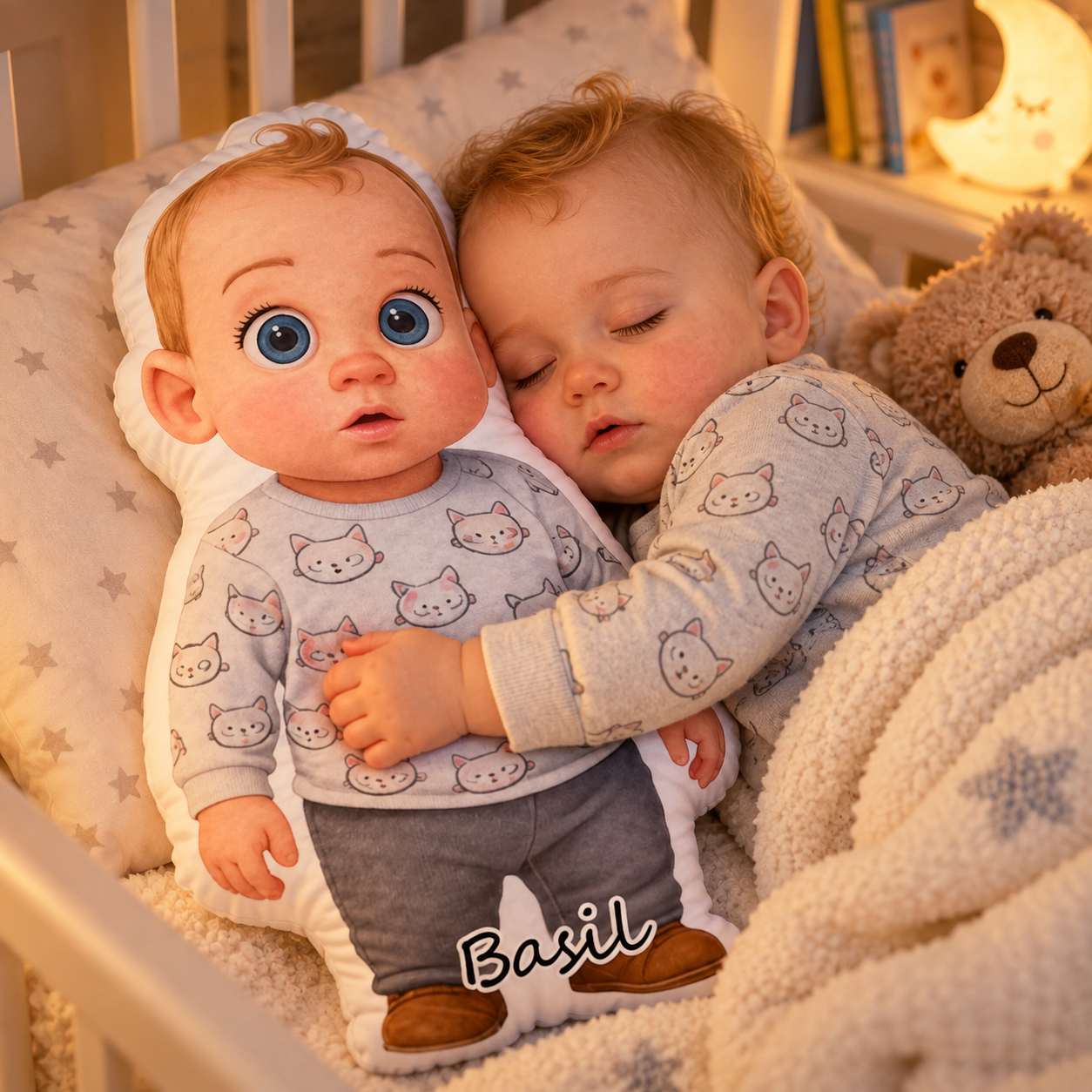 Baby cuddling a custom cartoon pillow