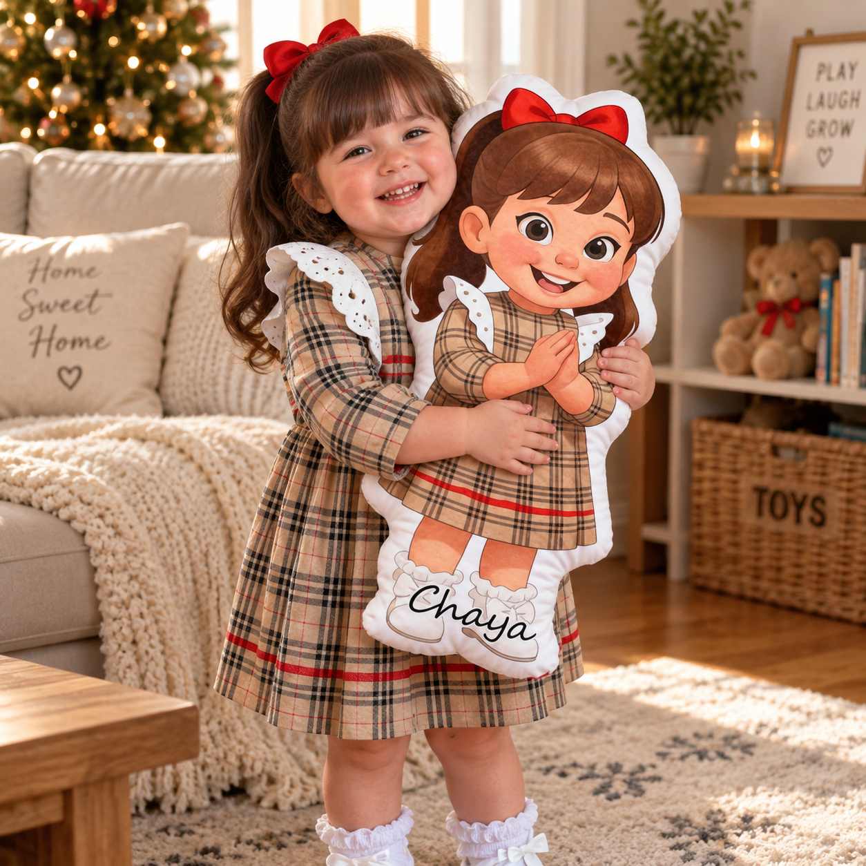 Girl hugging her custom cartoon pillow at Christmas