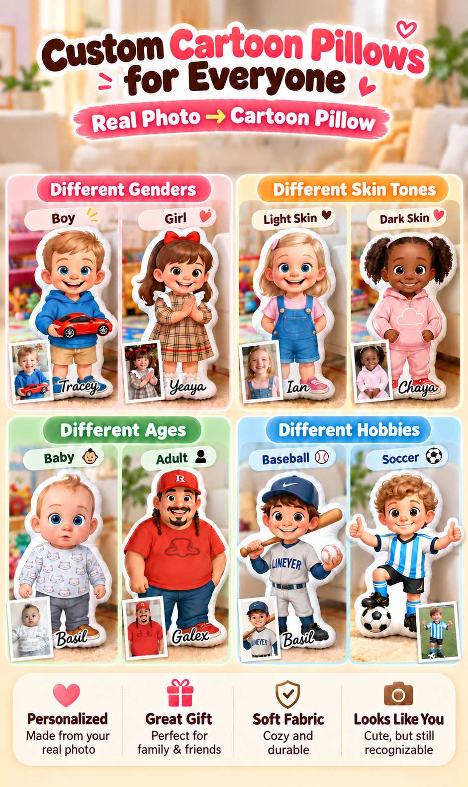 Custom cartoon pillows for different genders, skin tones, ages, and hobbies