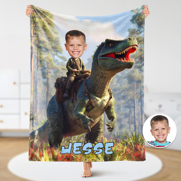 Custom Dinosaur Blankets Personalized Face & Name Hero Blanket Gifts For Boys-mekesllser-dinosaur blanket,Mekesllser,For Kids,Home&Living,Blanket,For Boys,Dinosaur,Blanket for Boys