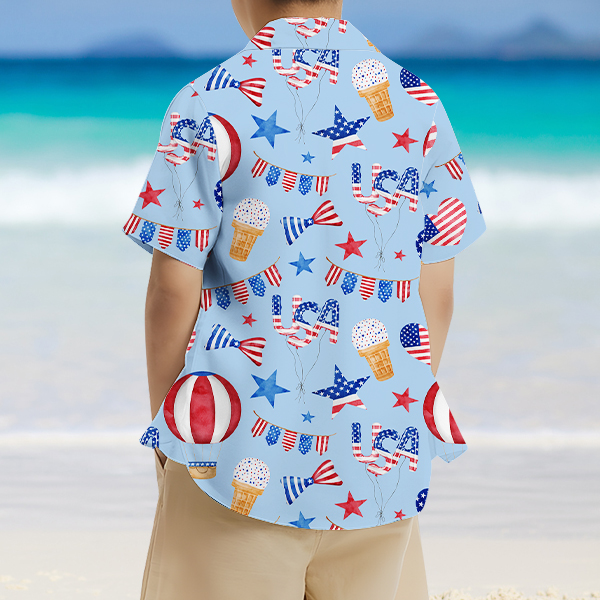 Custom American Flag Balloon Short Sleeve Shirt Face Hawaiian Independence Day Shirt  Beach Holiday Gift For Kids-mekesllser-Swimwear,Mekesllser,American Flag,Summer Sale,Hawaiian Shirt,For Kids,Swimwear For Kids,Kid's Hawaiian Shirt,For Boys,For Girls