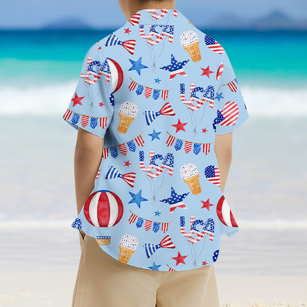 Custom American Flag Balloon Short Sleeve Shirt Face Hawaiian Independence Day Shirt  Beach Holiday Gift For Kids-mekesllser-Swimwear,Mekesllser,American Flag,Summer Sale,Hawaiian Shirt,For Kids,Swimwear For Kids,Kid's Hawaiian Shirt,For Boys,For Girls